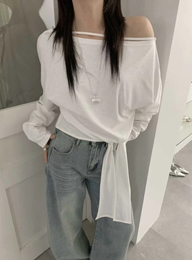 韩伊hanyi撞色一字领绑带收腰长袖T恤女设计感好看露肩上衣