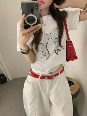 韩伊hanyi正品网红款可爱蝴蝶结T恤女26夏季百搭洋气短袖女上衣