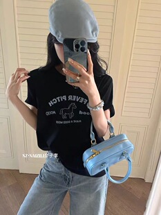 NAIZI奈子早春韩版宽松卡通字母印花百搭通勤套头短袖t恤女潮