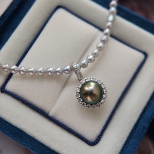 海水大溪地黑珍珠铂金灰孔雀绿吊坠S925银项链太阳花万能扣吊坠