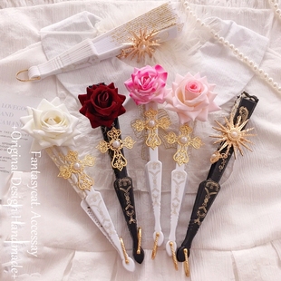 华丽十字架玫瑰lolita蕾丝扇子哥特复古欧式玫瑰折扇茶会写真道具