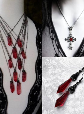 暗黑哥特多层红宝石项Y2K朋克链十字血滴耳饰ins吊坠项链配饰