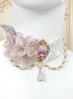 原创洛丽塔项链 玫瑰花宝石珍珠链华丽款锁骨链颈饰lolita花嫁饰