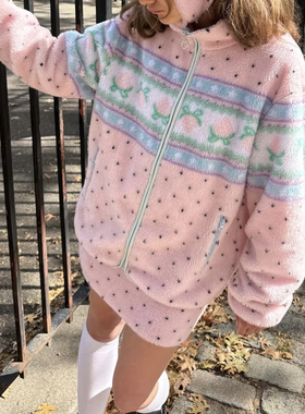 即将涨价 现货欧美千禧Y2K亚比摇粒绒羊羔绒粉色男女卫衣外套上衣