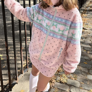 欧美小众冬春新款千禧Y2K亚比摇粒绒羊羔绒粉色男女卫衣外套上衣