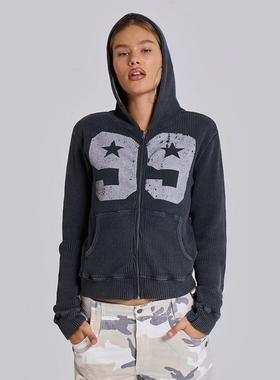 欧美2025春夏新华夫格欧美辣妹男女中性连帽开衫上衣外套