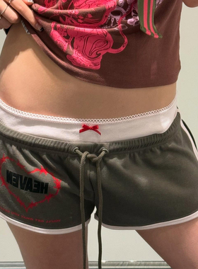 HEAVENM双头熊 小众潮牌蝴蝶结爱心印花拼接假两件运动短裤辣妹裤