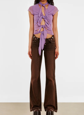 hea*nm 双头熊Y2K辣妹紫色系带性感 薄款上衣短袖T恤24SS