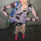 Y2K 亚系女孩植绒工艺紫色蕾丝辣妹长袖 T恤