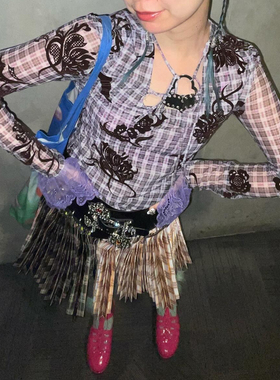 Y2K 亚系女孩植绒工艺紫色蕾丝辣妹长袖T恤