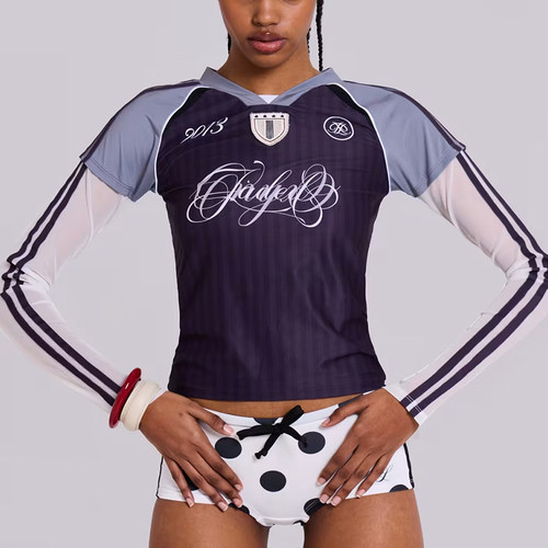 欧美新款辣妹假两件球服上衣T恤