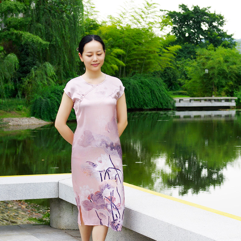 [奂墨]原创全真丝桑蚕丝中国风修身连衣裙 轻中式圆领旗袍荷花夏