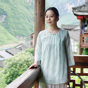 孤品特价 奂墨 中国风女 宽松上衣衬衫 清仓 绣花雪纺纯棉里衬中式