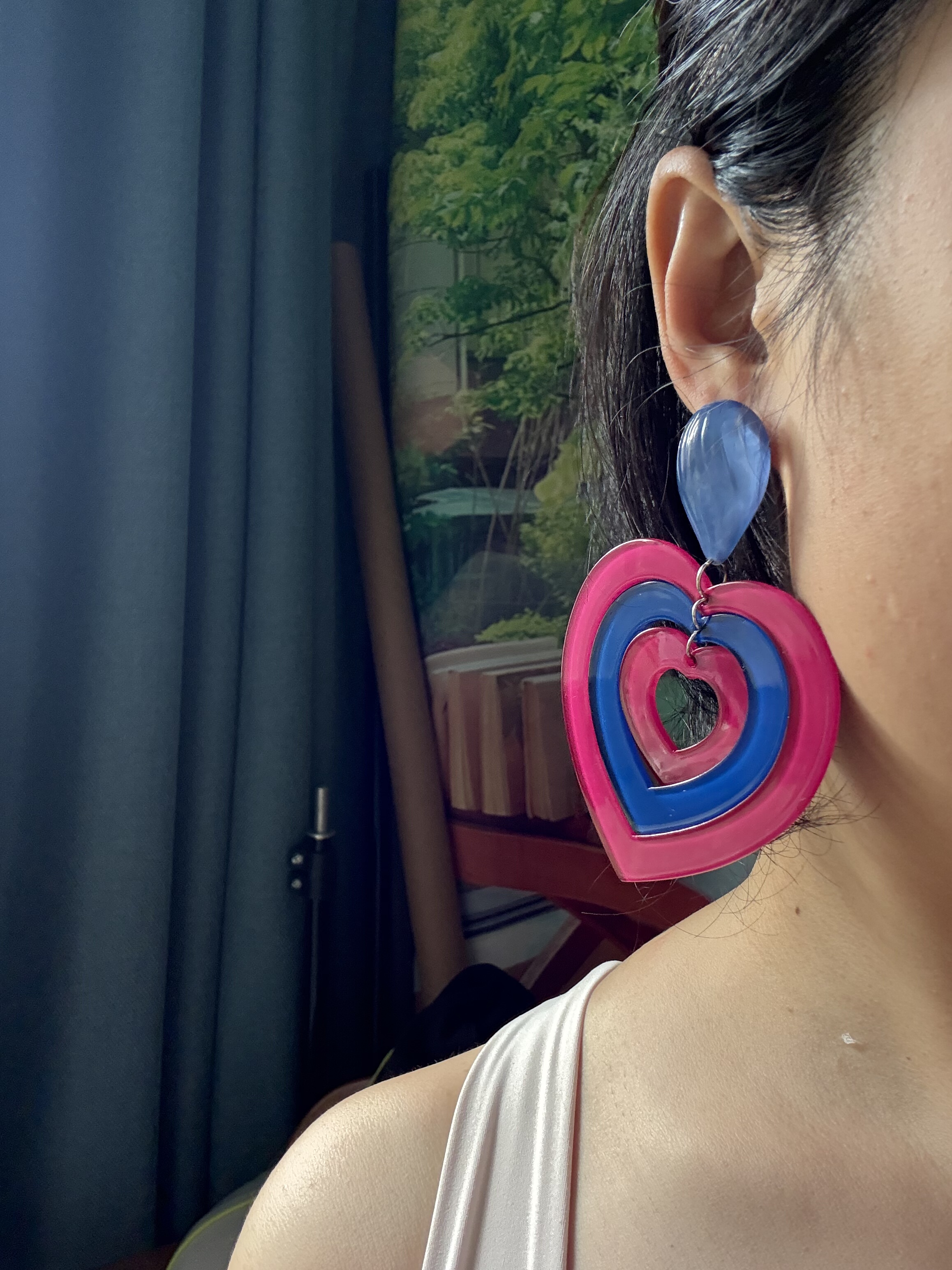 UNBOX原创手作夸张玫红色几何耳环度假风耳坠海边耳夹无耳洞款