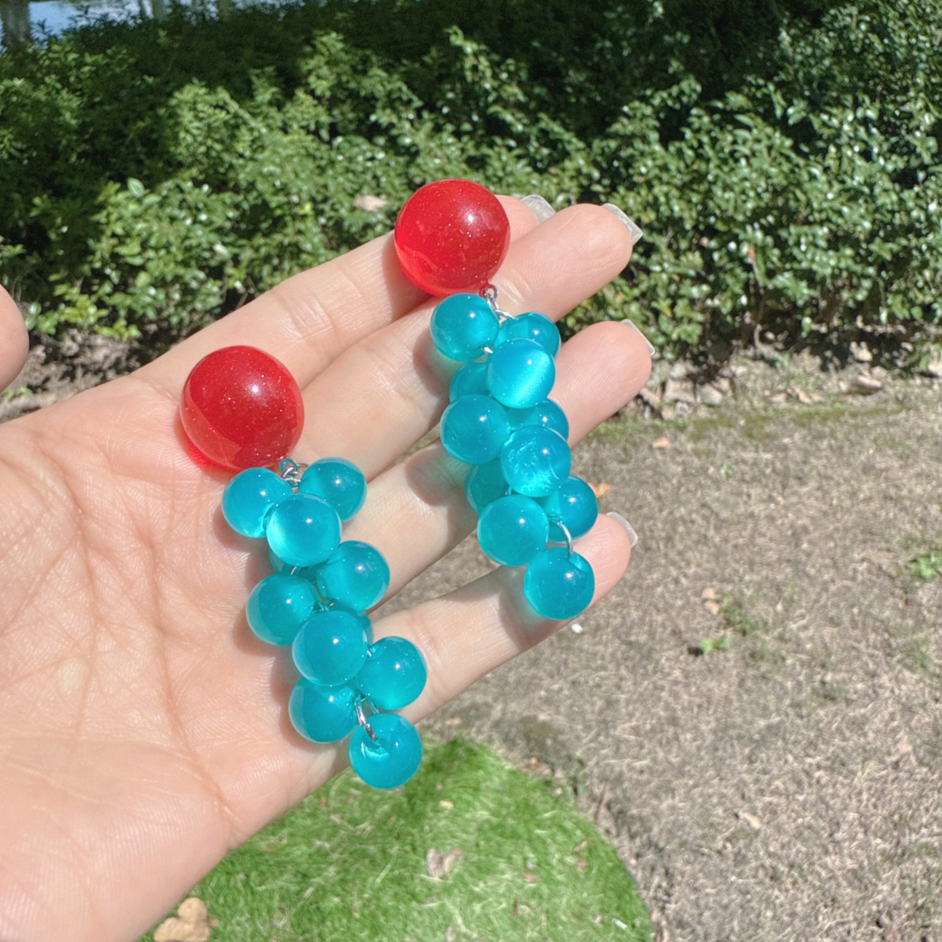 UNBOX原创手作夸张紫色葡萄耳环度假风耳坠海边耳夹无耳洞款