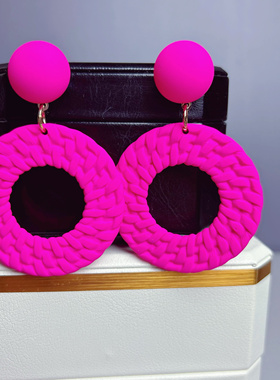 (无耳洞拍)简约夸张玫红时尚耳环耳饰高级红色圆形气质糖果