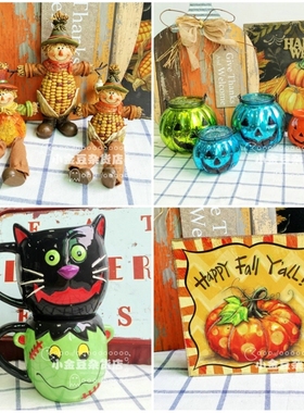 万圣田园丰收感恩节稻草南瓜烛台精致节日创意装饰品万圣南瓜人画