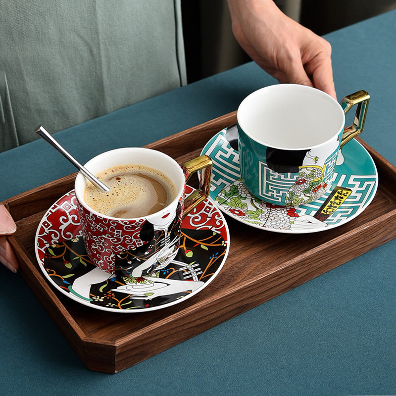 国风新中式咖啡杯 杯碟套装拿铁杯 下午花茶杯 陶瓷水杯 送礼