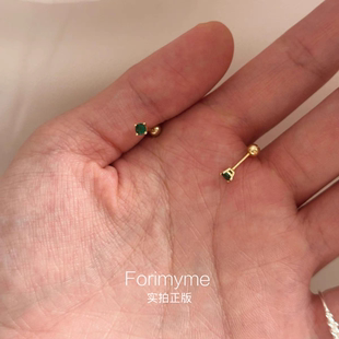 s925純銀祖母綠鋯石耳釘女養耳洞精致小眾設計耳骨釘睡覺免摘耳飾