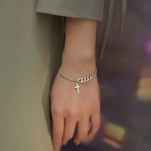 纯银十字架手链女个性日韩简约