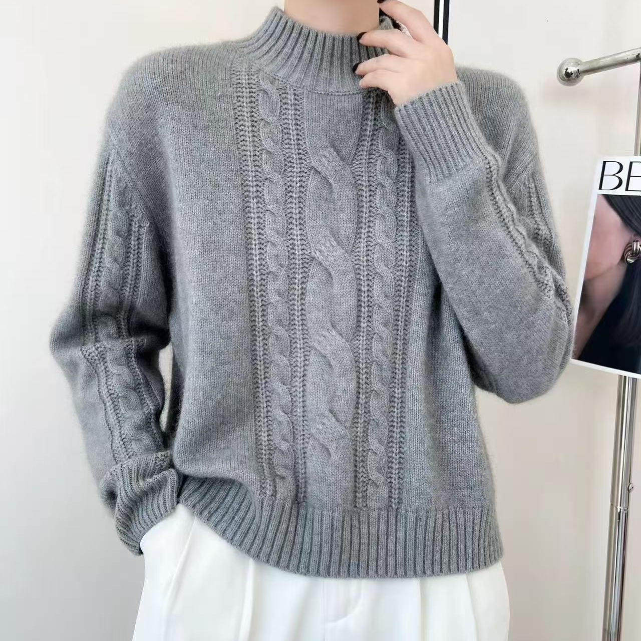 乐久秋冬半高领麻花50%羊绒50%羊毛衫女套头宽松加厚针织毛衣妈妈