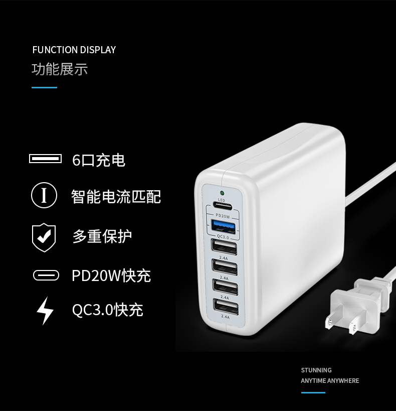 6口快速多口USB充电器pd快充QC3.0安卓手机平板快速充多孔插头2a-封面