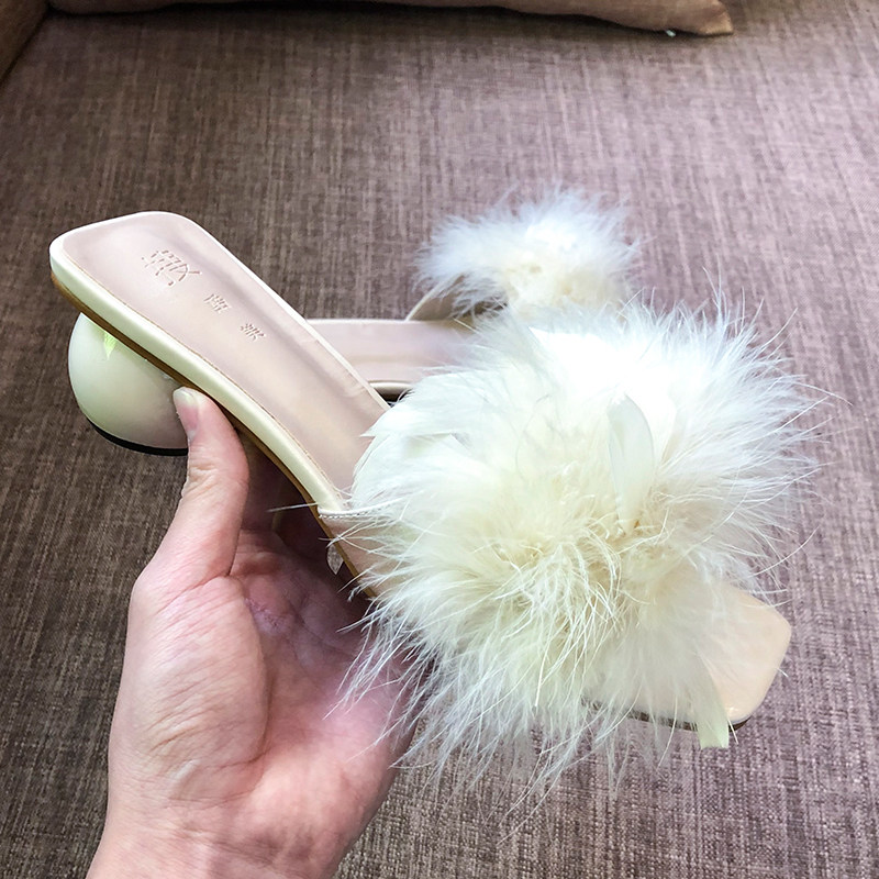 ostrich Maomao slipper 2019 new pattern fashion Exorcism Word tow With crude Middle heel Feather sandalsin the Women's Shoes, Sandals  category - from Buy2taobao.com to provide professional Taobao agent buy service