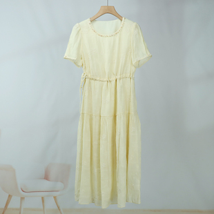 453法式气质圆领短袖连衣裙女夏季新款收腰显瘦小个子a字裙