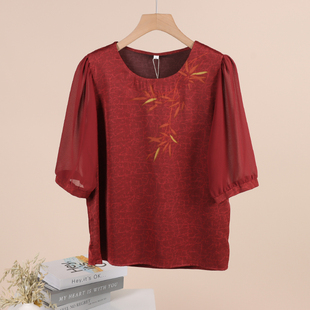 224夏季新款中袖龟裂纹仿真丝宽松圆领中年时尚上衣