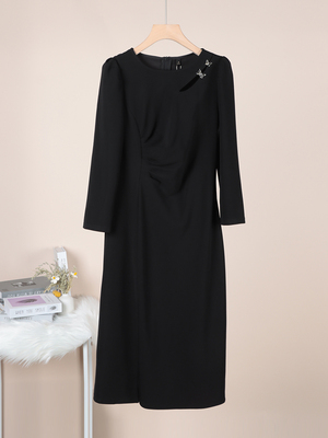 449不规则收腰连衣裙长袖春秋季2024新款气质包臀裙开叉中长裙