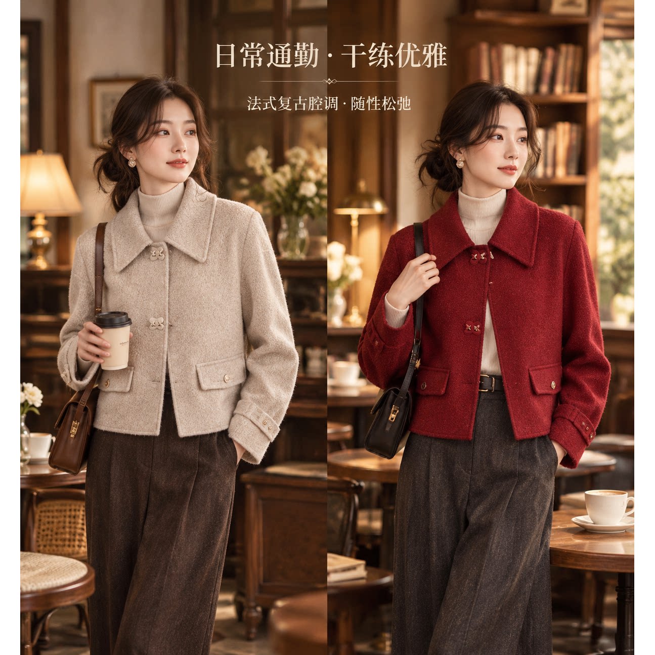 877秋冬装新款双面呢羊绒大衣女短款小个子洋气红色减龄妈妈外套