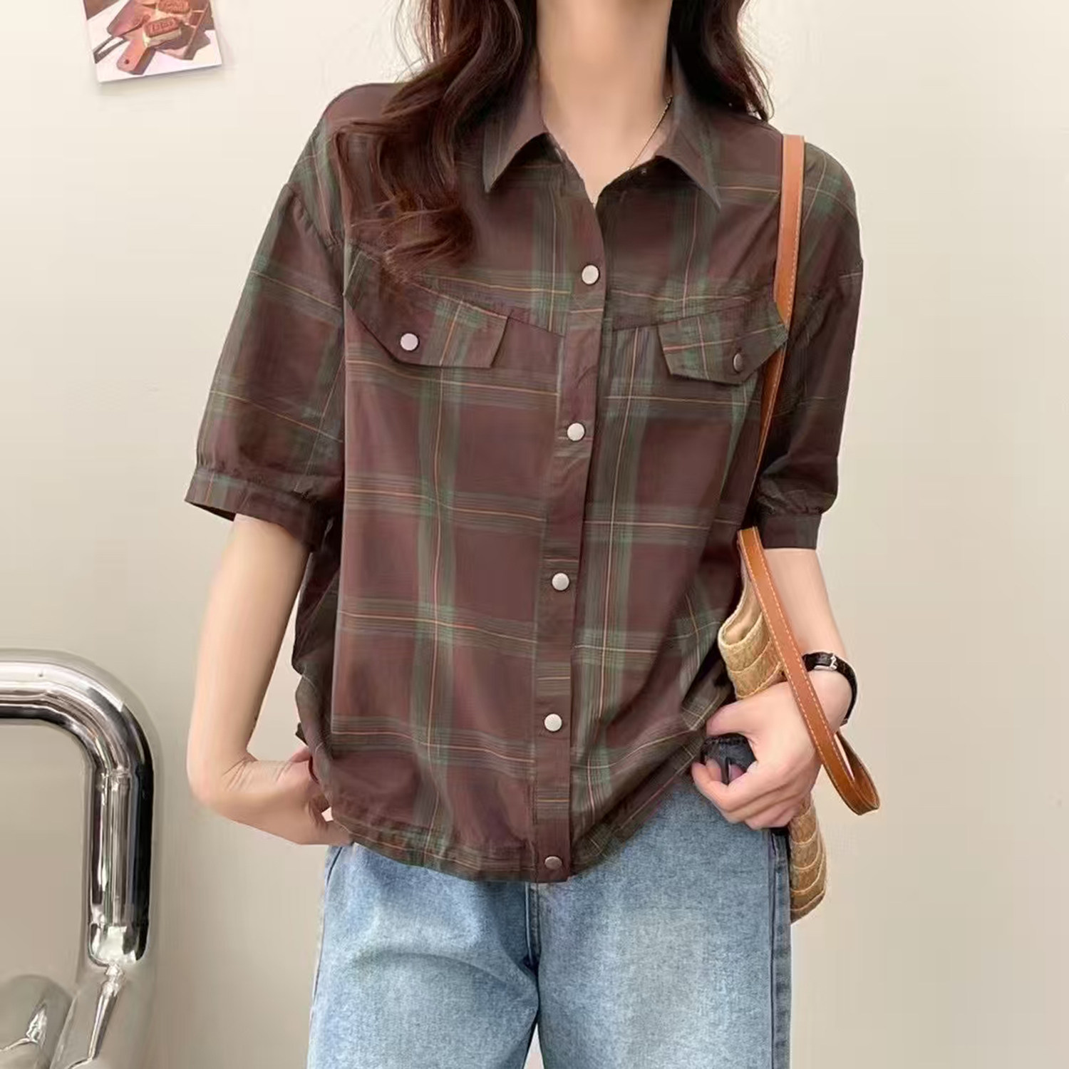175夏季新款格纹文艺方领简约单排扣下摆抽绳百搭宽松休闲上衣