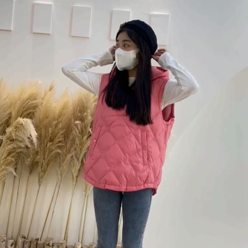 歆苒【斯K系列】秋冬新款韩范时尚连帽格子背心外搭羽绒马甲023