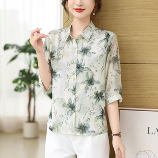 印花洋气宽松时尚 789夏季 衬衫 方领中袖 气质上衣 新款