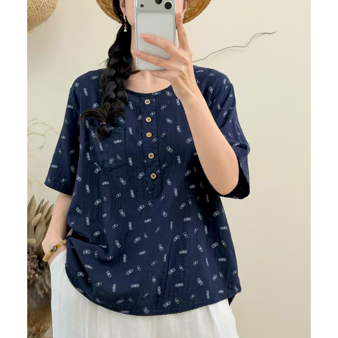 127夏季新款休闲风碎花印花短袖衬衫女宽松显瘦圆领复古纯棉上衣