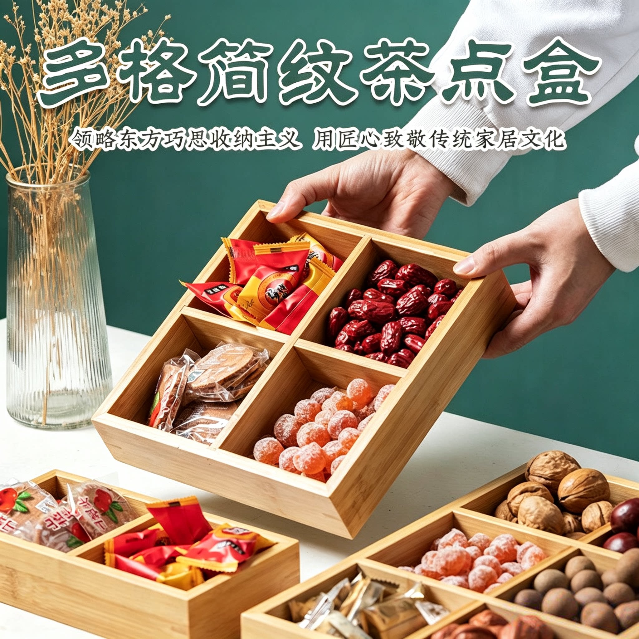 干果盒围炉煮茶九宫格楠竹实木盘果盘零食干果盘桌面收纳盒家用