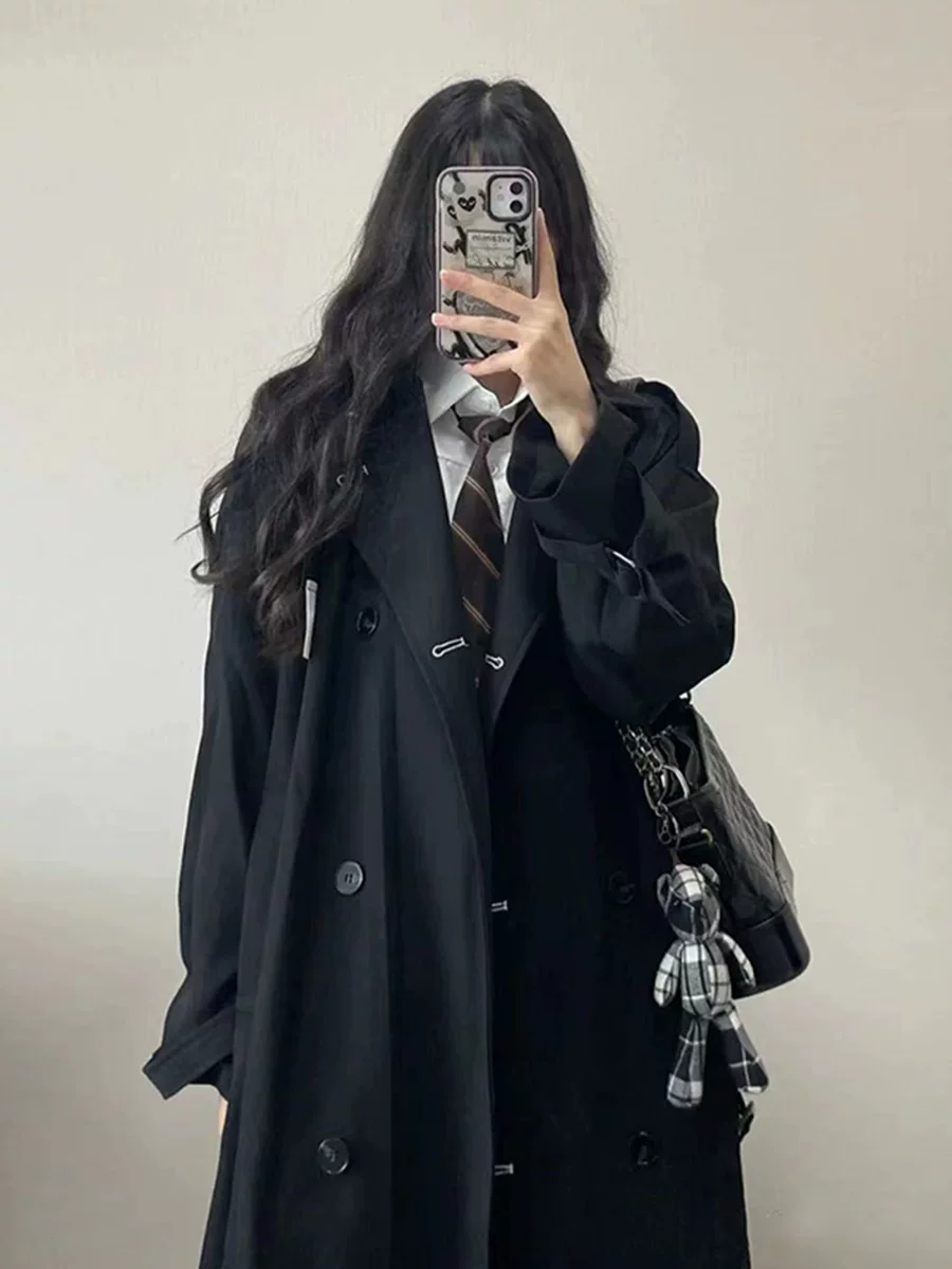 Черное trench coat, весенняя японская куртка, корейский стиль, для подростков