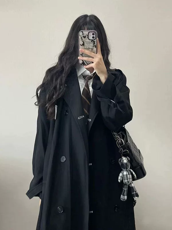 Черное trench coat, весенняя японская куртка, корейский стиль, для подростков