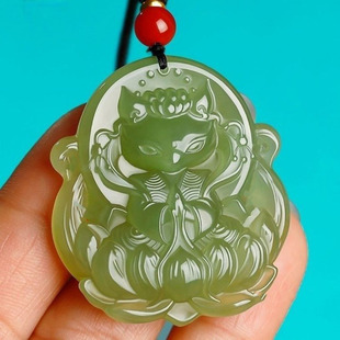 冰透青白色九尾狐吊坠男女款晴湖水吊坠项链狐狸雕刻精美挂件