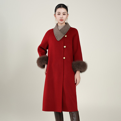 纯色双面羊绒大衣女中长款2024年秋冬新款羊毛狐狸毛袖口毛呢