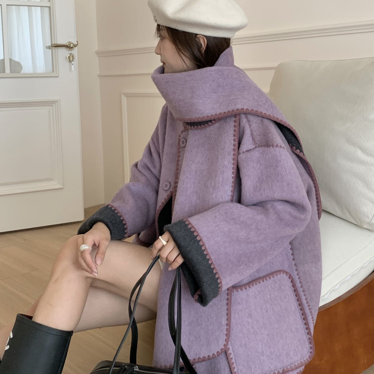 鹿与&双面剧场绵羊毛混纺双面两穿廓形毛呢外套配围巾D7飞鸟