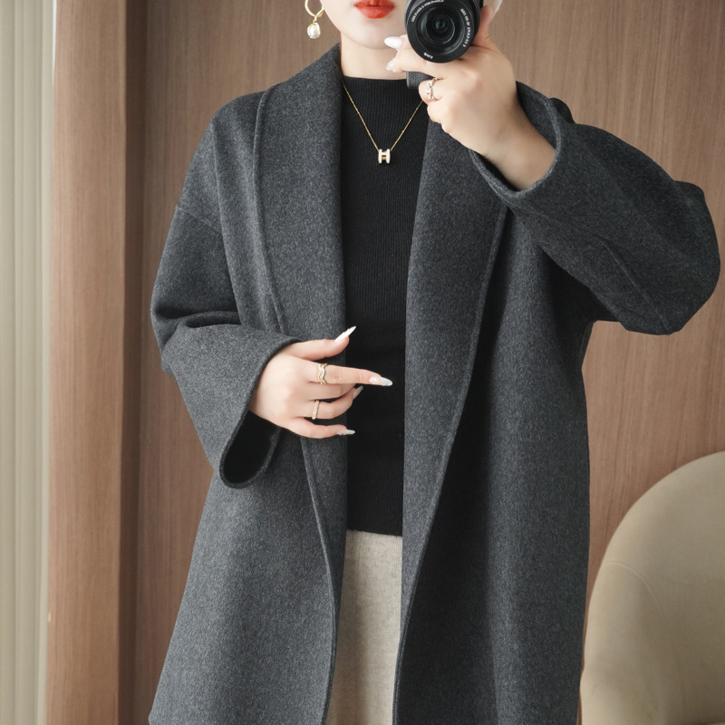 青果领浴袍系带卷袖隐藏斜口袋长款双面尼羊毛大衣毛呢外套女秋冬