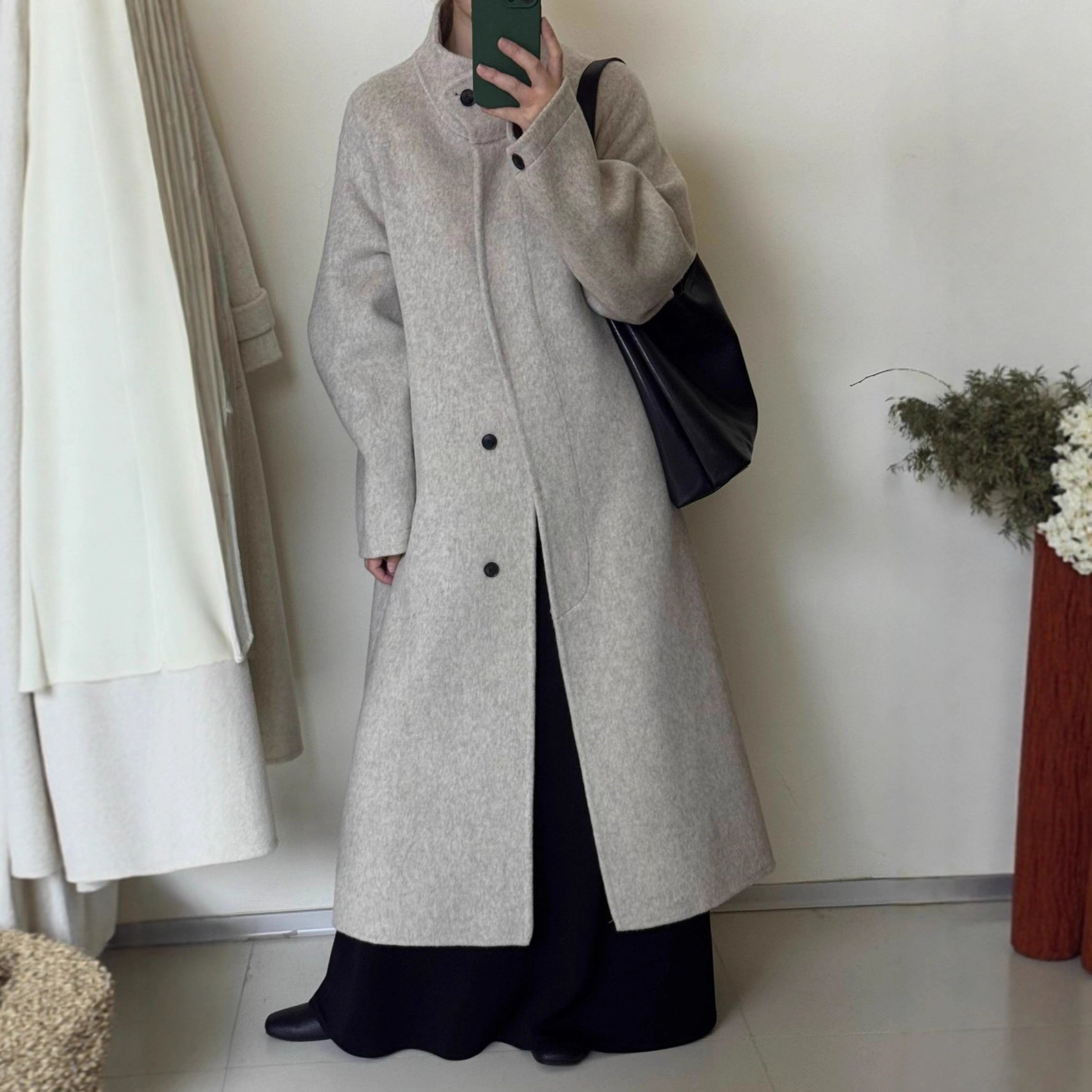 立领慵懒风宽松版型双面羊毛大衣长款加厚保暖单排扣羊绒毛呢