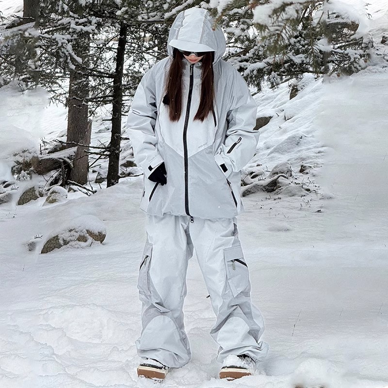 POMT新款复古拼接滑雪衣裤套装褶