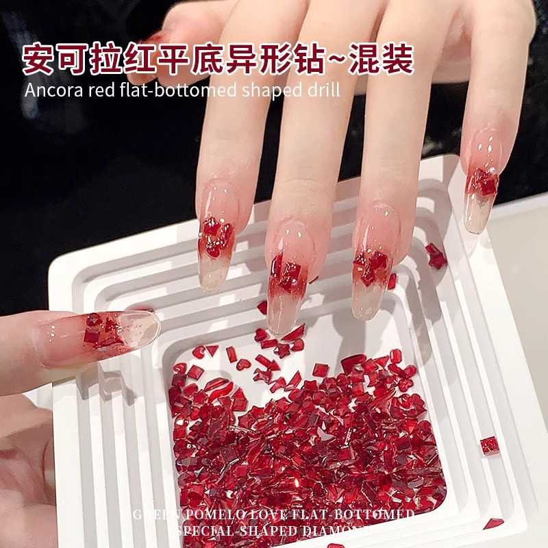 美甲安可拉红平底异形钻秋冬网红