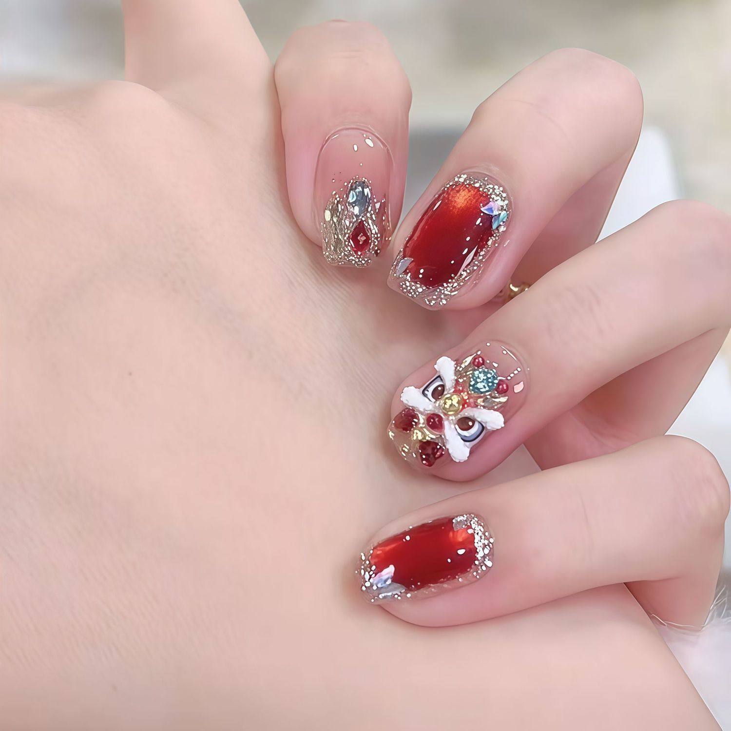 纯手工美甲穿戴甲高级感过年红色醒狮万事大吉指甲贴片2026年新款,彩妆/香水/美妆工具,穿戴甲/甲片,淘宝优惠券,粉丝福利购,淘宝优惠卷