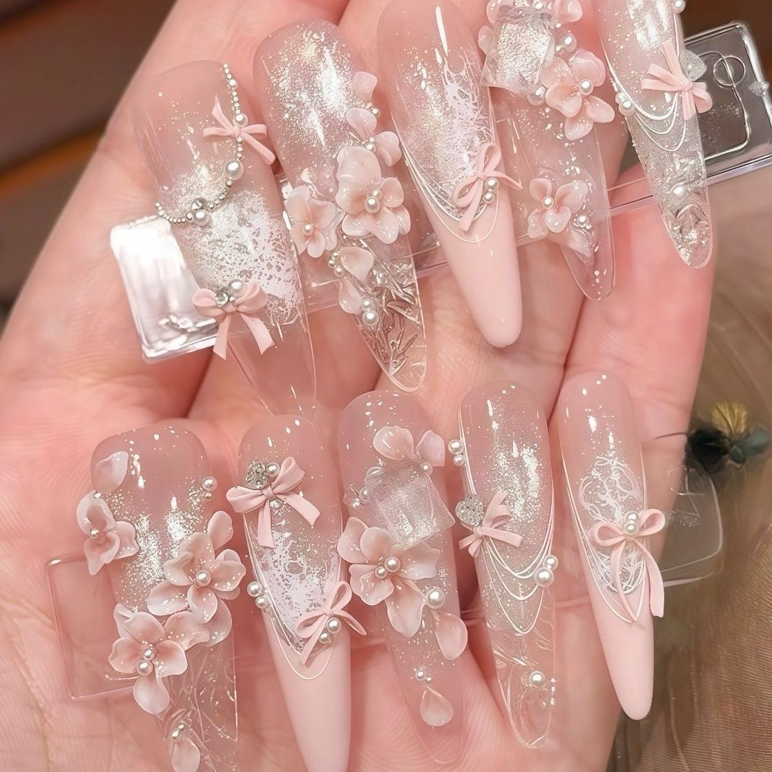 手工儿童美甲穿戴甲2026新款高级感桃花朵朵中长款女孩假指甲贴片