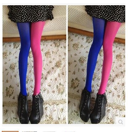 春秋款ab双色拼接糖果不对称彩色鸳鸯天鹅绒打底连裤袜女丝袜开档