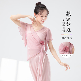 中国古典舞蹈服装练功女诗意带花朵短袖民族艺考形体身韵表演纱衣