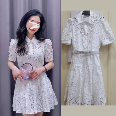 Sera轻奢现货2023夏季新款气质优雅重工水溶蕾丝泡泡袖两件套